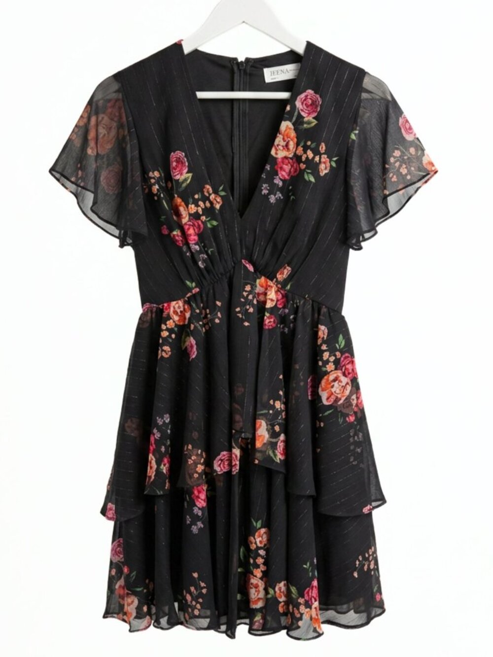 NWT IEENA Mac Duggal Tiered Ruffle Floral V Neck Mini Dress Size 0